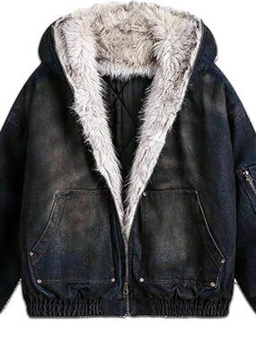 The Supermade Fur Hooded Jacket Zip Up Lined Denim Winter  Streetwear L